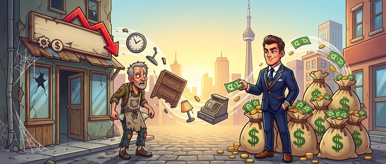 A ruined shopkeeper watches his shop's sign, clock and cash register fly towards an investor standing beside sacks of money.